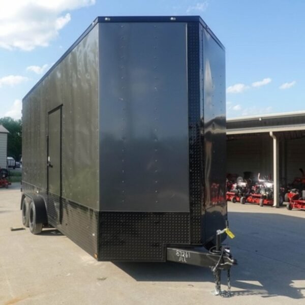 7x20 V Nose Charcoal With Black Out Trim Enclosed Trailer (2) 3500 LB Axles 9 Ft Interior height Barn Doors