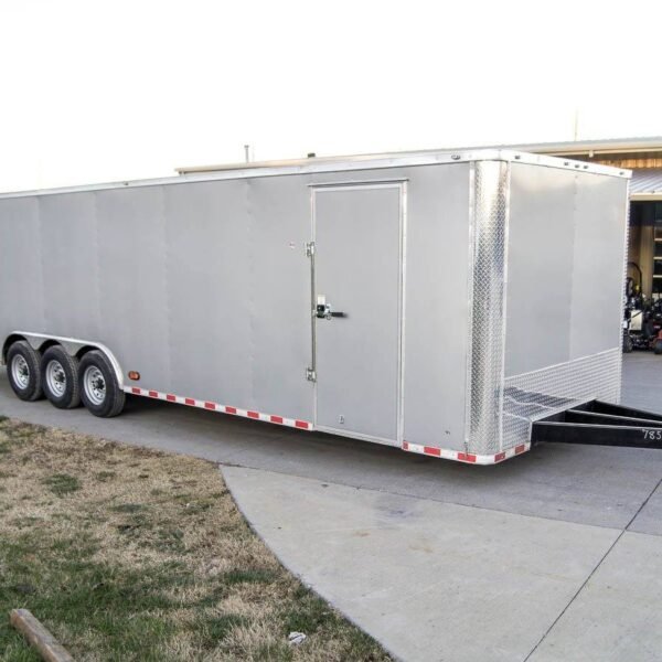 8.5 x 32 Silver Flat Nose Enclosed Car Hauler Trailer with (3) 7K Axles 21K GVWR